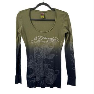 Vintage Ed Hardy Y2k Tattoo Print Scoop Neck Long Sleeve Tee Small Grunge